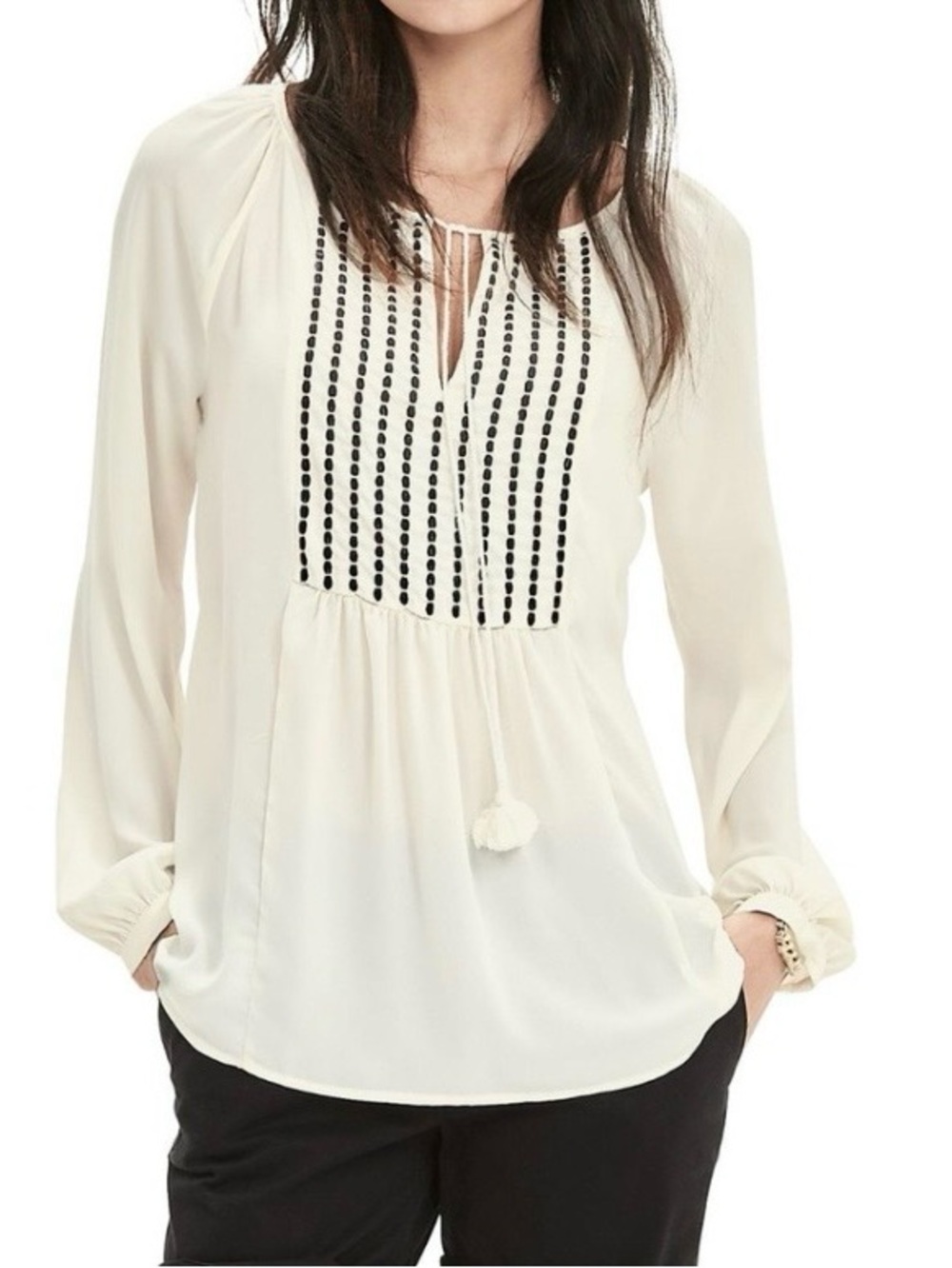 Banana Republic Women’s Cream Embroidered Peasant Blouse with Tassel Tie size M